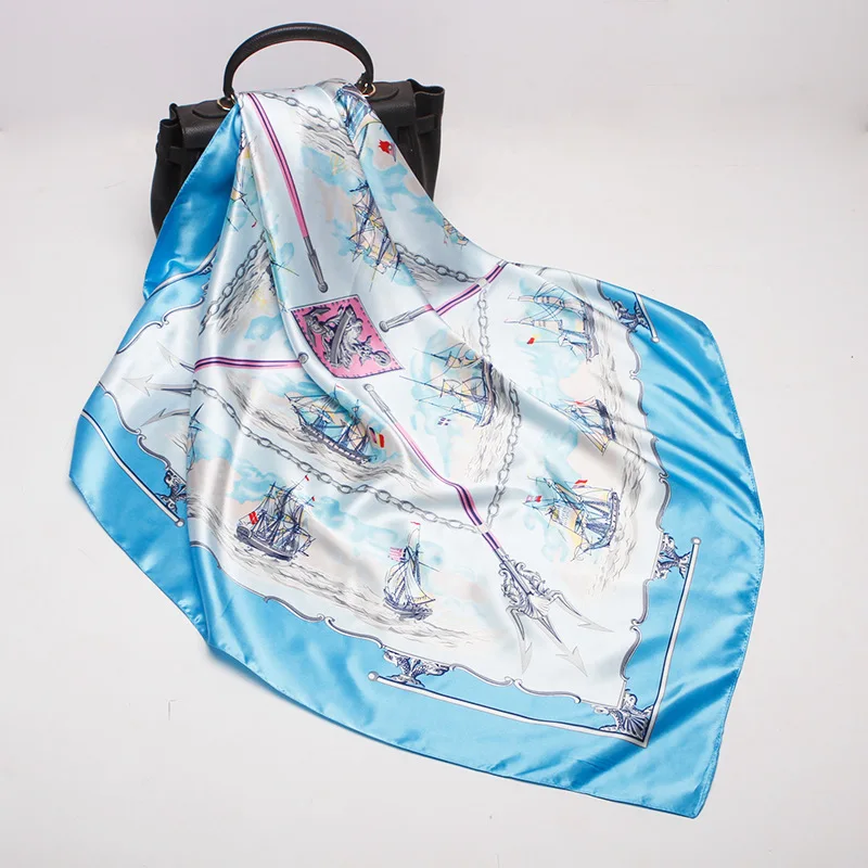 

2020 90x90 Sea boat Multipurpose women Silk twill scarf Satin square tie Hairband ladies foulard femme towel bufanda shawl