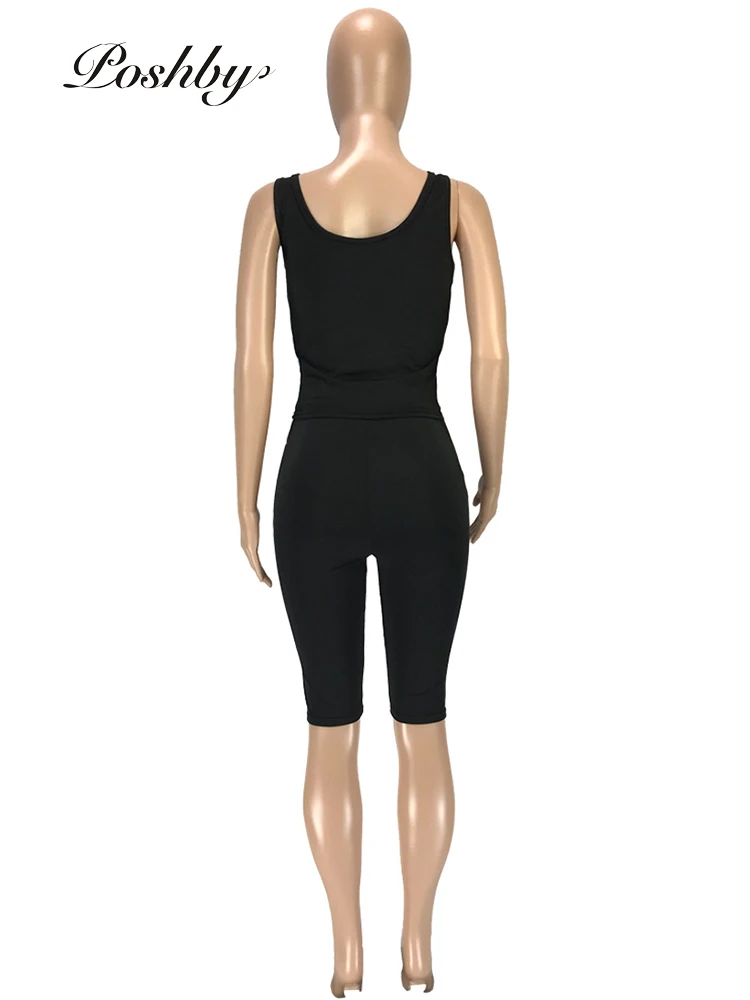 

Poshby 2021 Women Matching Suit Active Two Piece Set Summer Square Collar Sleeveless Tank Tees Elastic Shorts Casual Tracksuits
