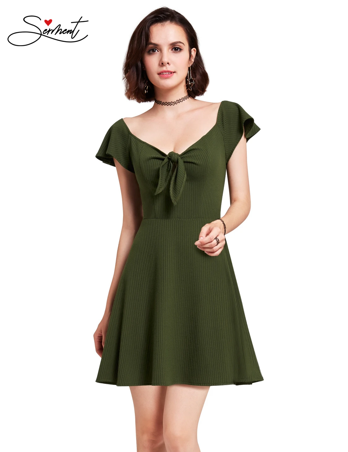 Новое Элегантное женское вечернее платье летнее зеленое короткое с V-образным