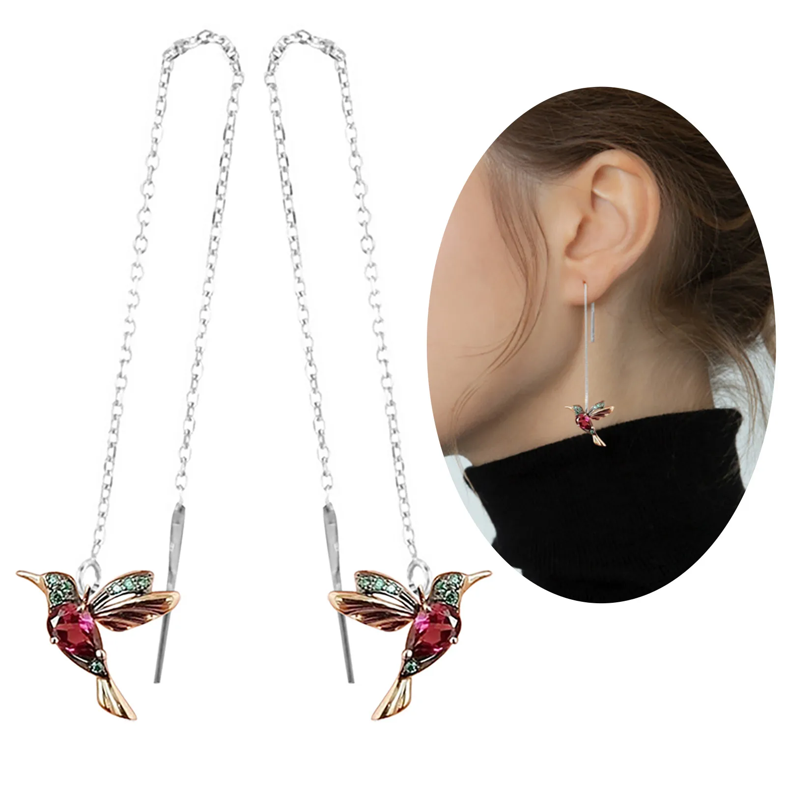 Женские серьги модные длинные подвески в виде Колибри с цирконом украшения для