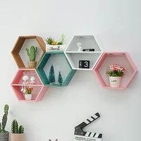 nordic style wooden decor wall mount hexagonal frame books toys flower pot storage shelf holder figurines display crafts shelves