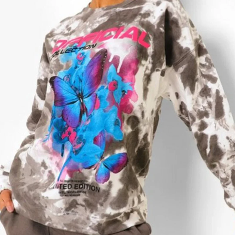 

Vintage Letter Printing Sweatshirt Women Tie Dye O Neck Thin Long Sleeve Fashion Tops Fall 2021 Women Sport Casual Dropshipping