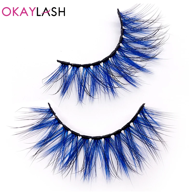 OKAYLASH 3D Dramatic Cruelty Free Faux Mink Colored Eyelashes Natural Long Colorful Blue  Eye Lashes for Cosplay Party Make Up