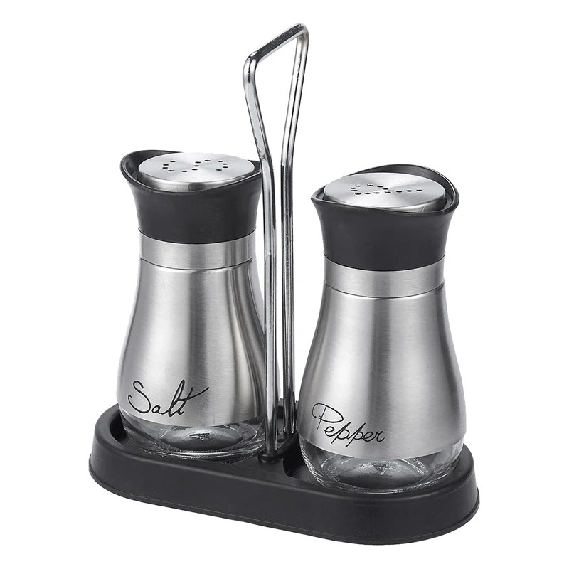 

Salt and Pepper Shakers Set - High Grade Stainless Steel with Glass Bottom and 4 inch Stand - 4 inch x 6 inch x 2 inch, 4 Oz.