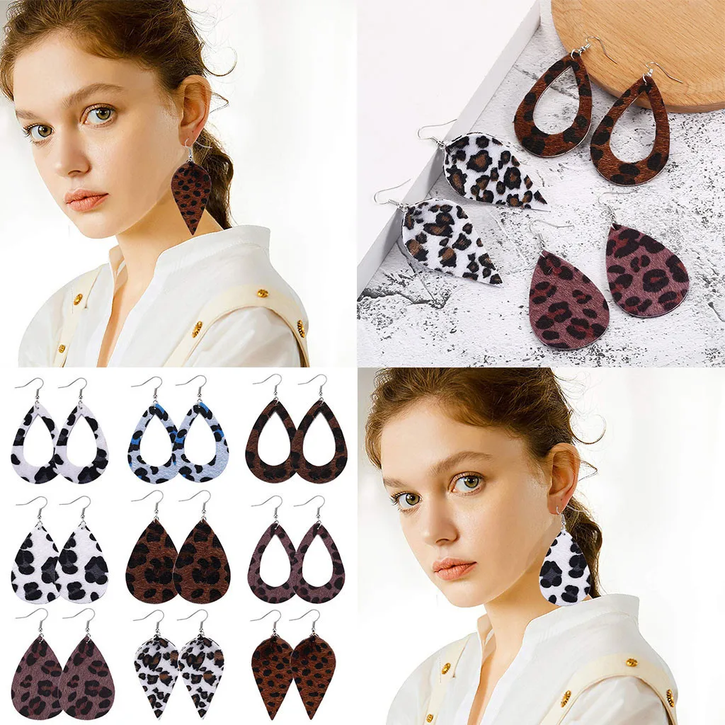 Кожаные серьги в форме листа полые капель ограненные с леопардовым принтом |