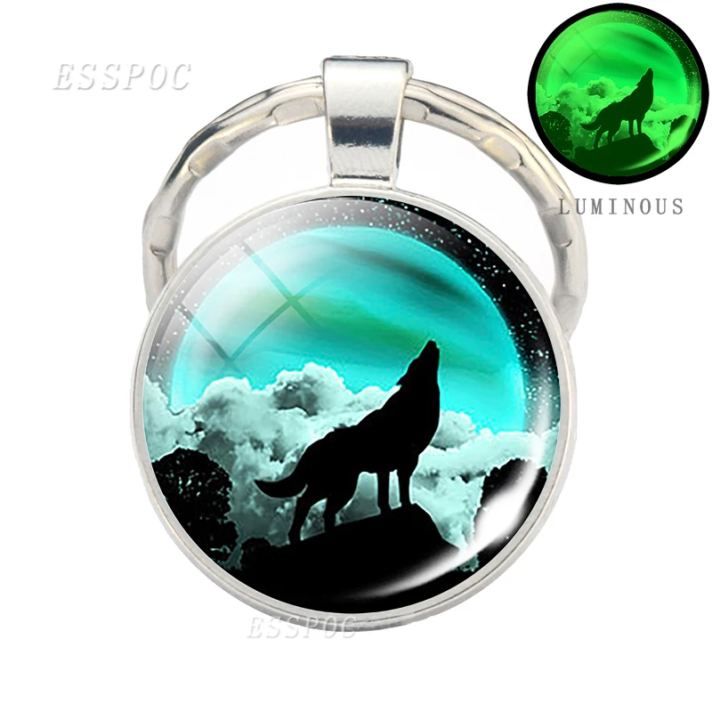 as show 2 Glow in Dark Jewelry Howling Wolf Keychain Wolf Luminous Glass Cabochon Pendant Keyring Double Side Glass Ball Keychain - Цвет: as show 2