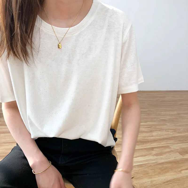 

2020 Ladies Summer Round Neck Sequined Cotton Short Sleeve T-shirt gray
