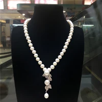 hot sell new 8 9mm natural white freshwater pearl necklace zircon accessories pendant fashion jewelry