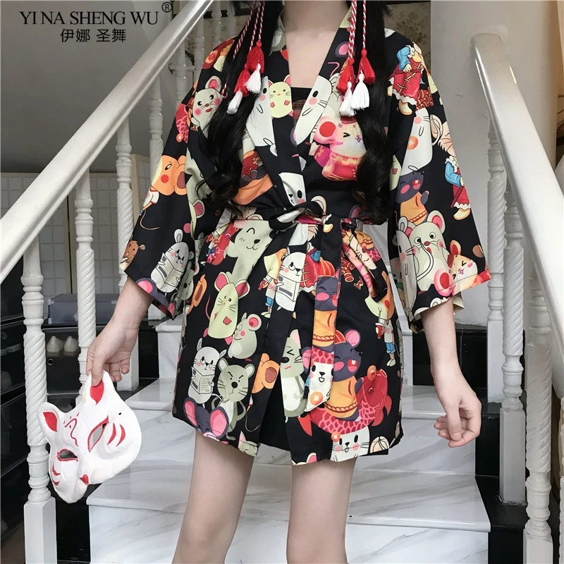 Кимоно для женщин новый год крысы хаори с принтом японской кардиган Самурай