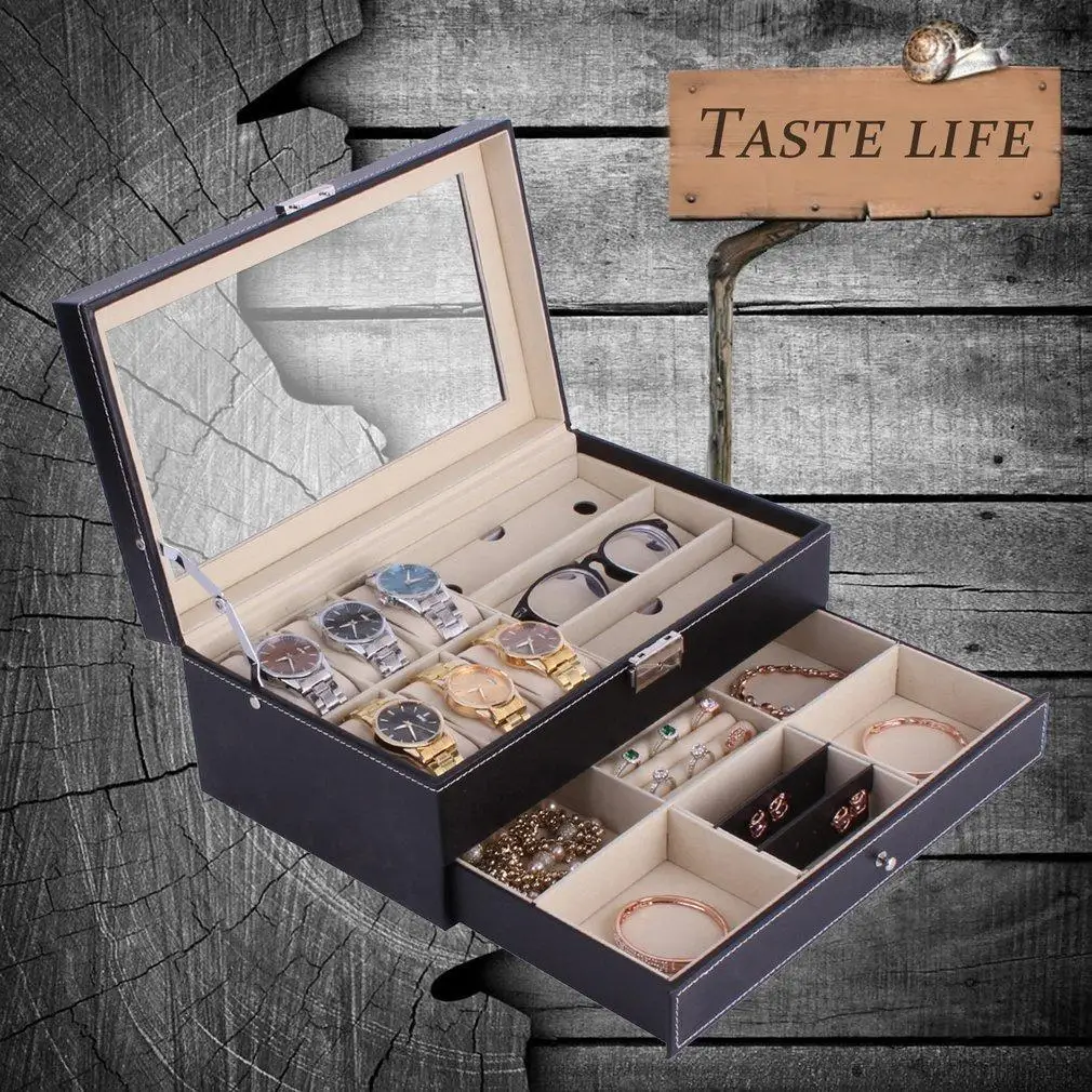 Double Layers Wooden Jewelry Sunglasses Watch Display Slot Case Box Container SL | Наручные часы
