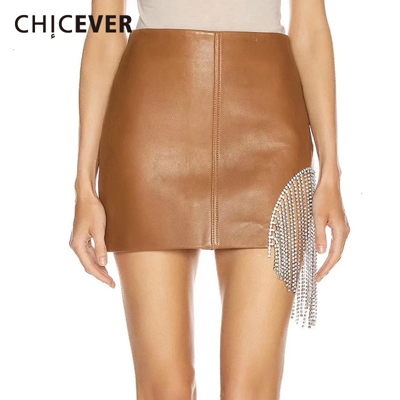 Женская ассиметричная мини-юбка CHICEVER с кристаллами и кисточками высокой талией