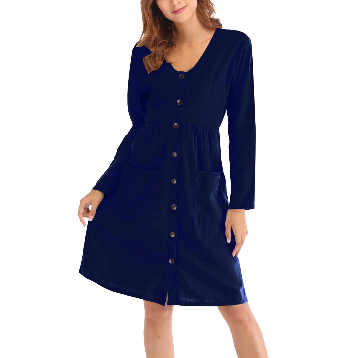 

VIIANLES Casual Vestidos Fashion Party Autumn Shirt Dress Women Buttons Long Sleeve Pockets Knee-Length Robe