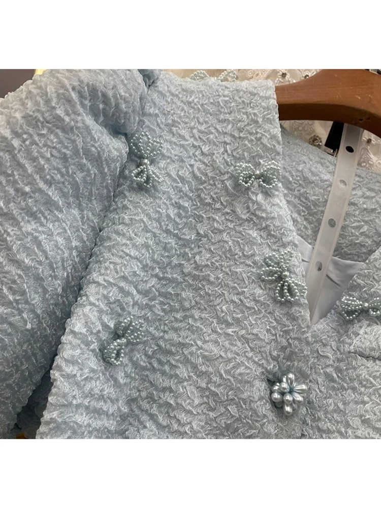 

Retro jacquard applique bow decoration waist waist shirt two-piece suit ladies summer new style + high waist ruffle skirt suit