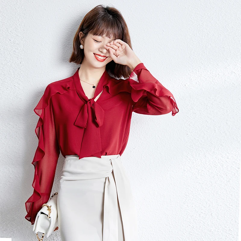 

Women Bluasa Casual Solid Comfortable Shirt New Long Sleeve Bow Blusas V-neck Chiffon Top Korean Fashion Blouses Houthion