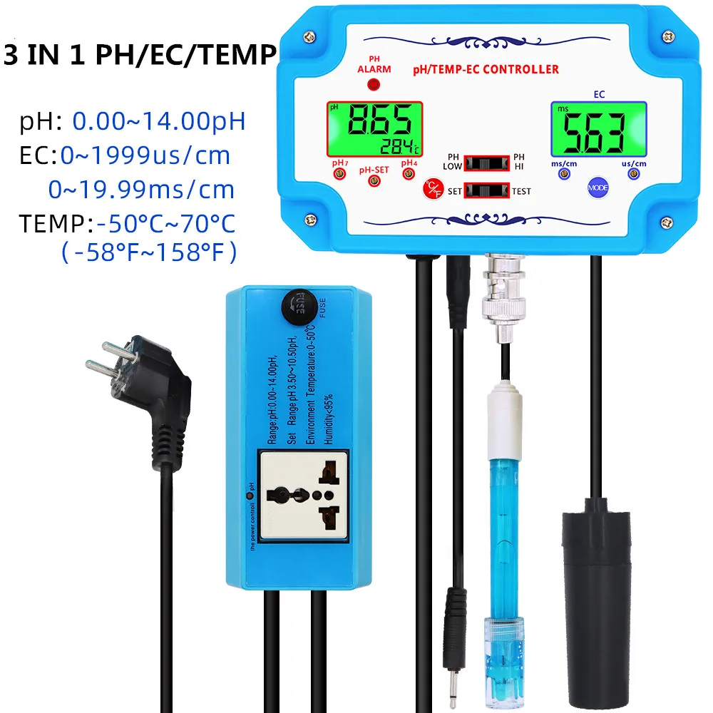Medidor de PH 3 en 1, controlador de Detector de pH/EC/TEMP, electrodo de relé, sonda tipo BNC, herramienta de monitoreo del probador de calidad del agua, 40% de descuento