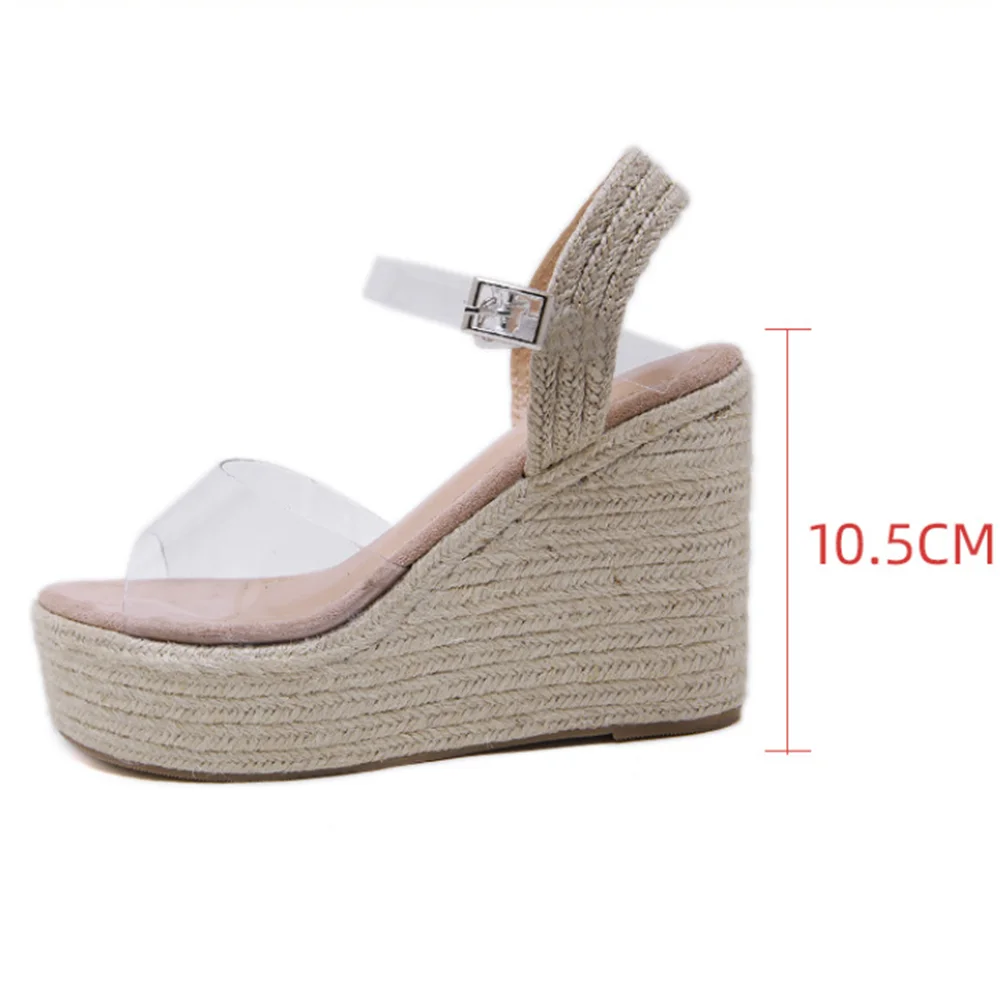 

Summer Newthick-soled High-heeled Sandals Women Transparent Color Buckle Wedge Heel Women's Shoes Roman Style Round Head Sandals