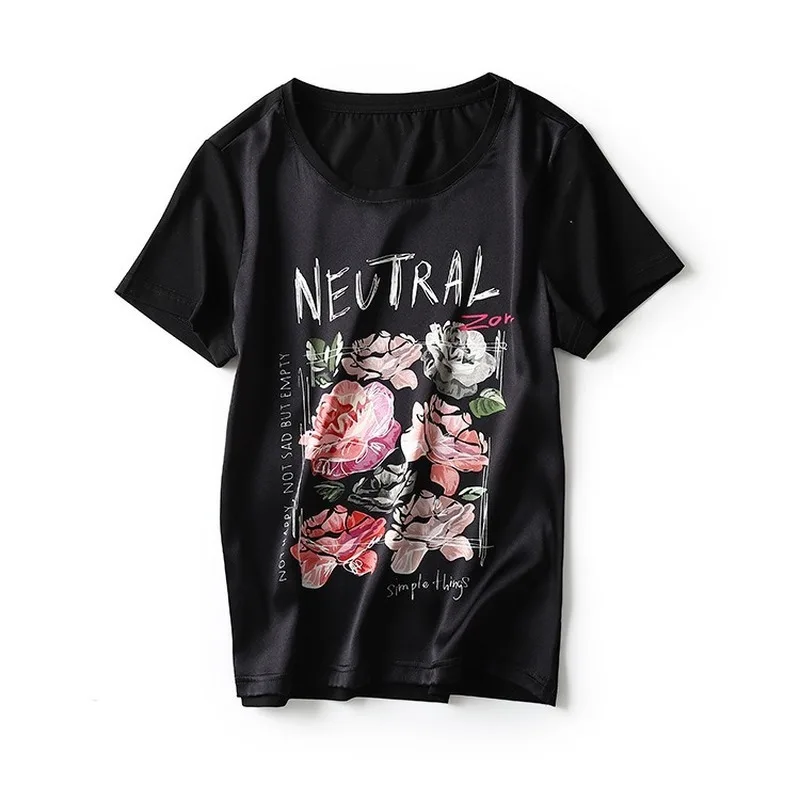 

Heavyweight Silk Stitching Cotton Printed White T-shirt Female Summer 2020 New round Neck Loose Silk Short-Sleeved Top