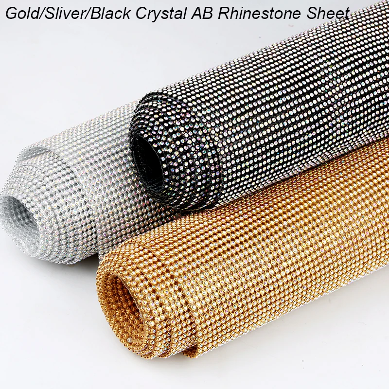 

45x60cm Hotfix Gold/Sliver/Black Crystal AB Aluminum Rhinestone Sheet Glass Crystal Rhinestone Trim Iron on Garment Accessories
