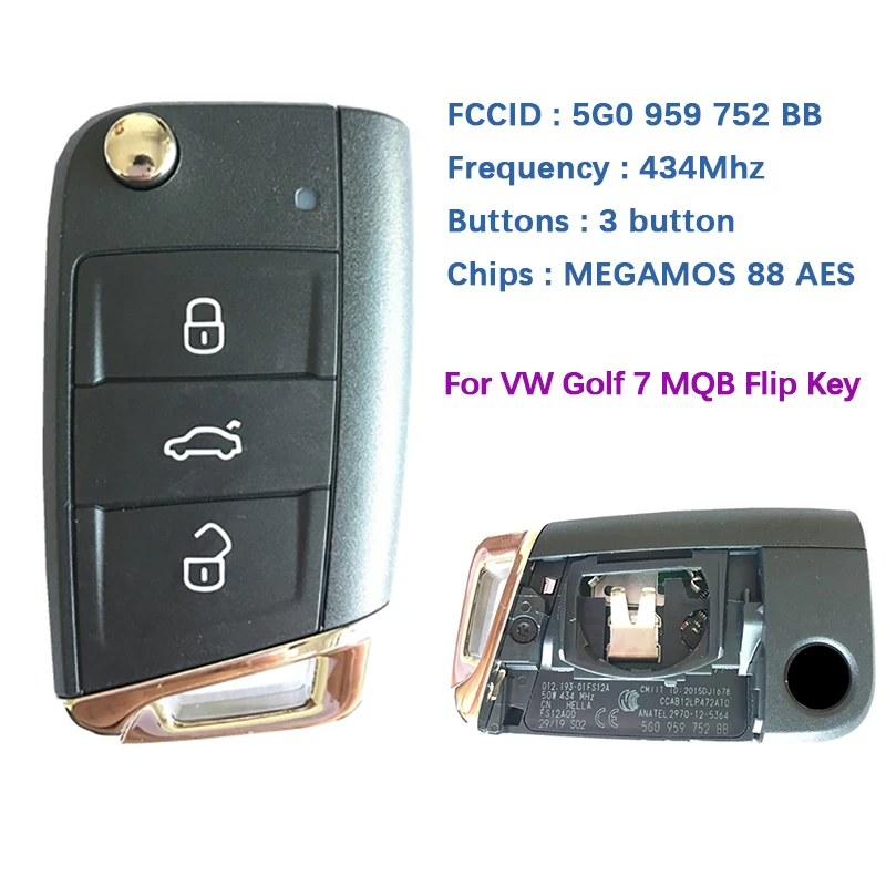 

CN001093 Original 3 Button Flip Remote Key For VW Golf 7 MQB With 434 Mhz Without Proximity FCCID Number 5G0 959 752 BB BA AB