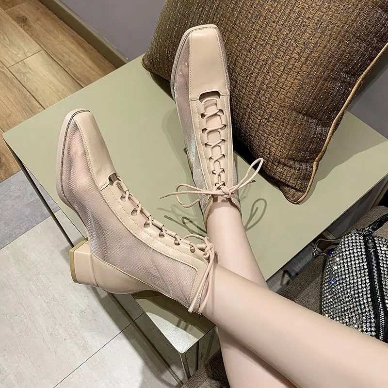 

Summer 2020 new mesh mid-heel chunky heel sandals breathable boots children mesh boots Roman hollow sandals X178