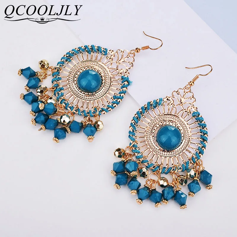 Модные серьги QCOOLJLY в винтажном стиле богемном с большими дисками и цветными