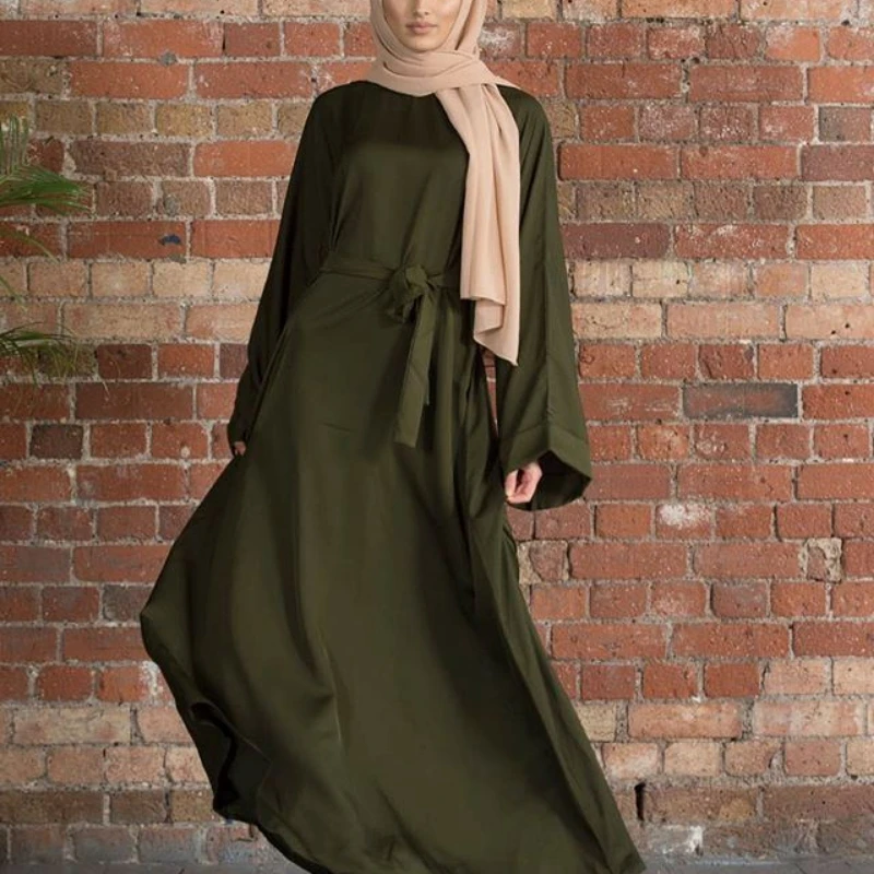 

Caftan Marocain Abaya Dubai Turkey Islam Kaftan Muslim Hijab Dress Solid color Dresses For Women Robe Djellaba Belted Kimono