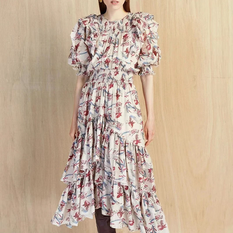 

Fashion Runway 2022 Speing Summer irregularity Dress Women New Designer Flowers Printed White Black Short Sleeve Ruffles Dresses