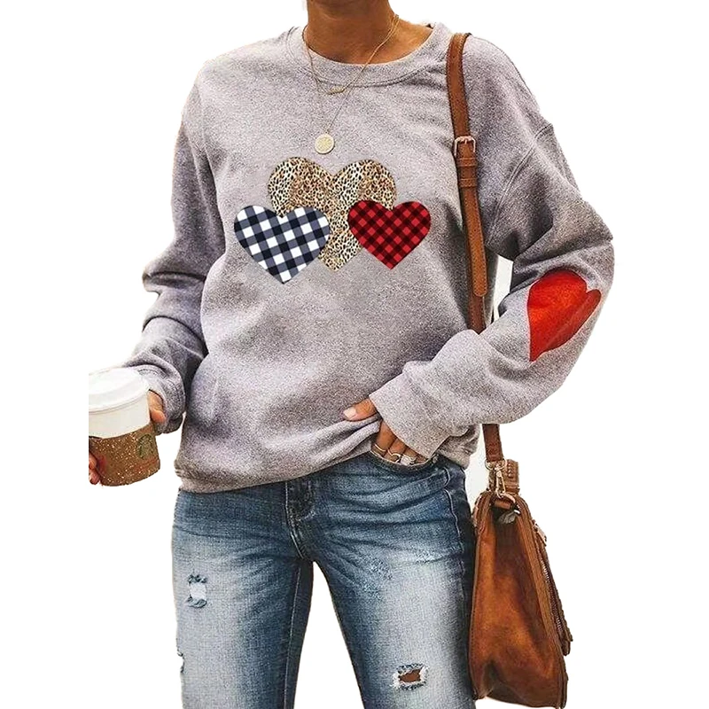 

Women Hoodies Valentine Plaid Leopard Sweatshirt Print Heart Tops Long Sleeve O Neck Pullover