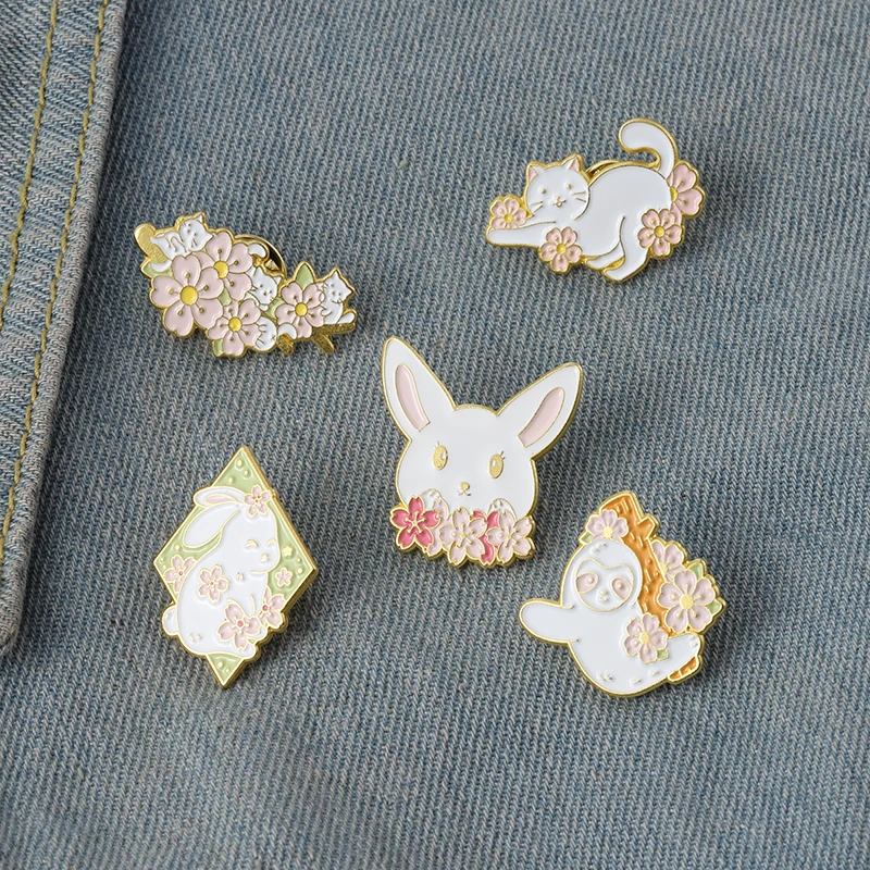 

Pink Sakura Rabbit Enamel Pin Sloth Cat Brooches For Women Cartoon Animal Flower Lapel Pins Badges Kitty Jewelry Gifts Wholesale