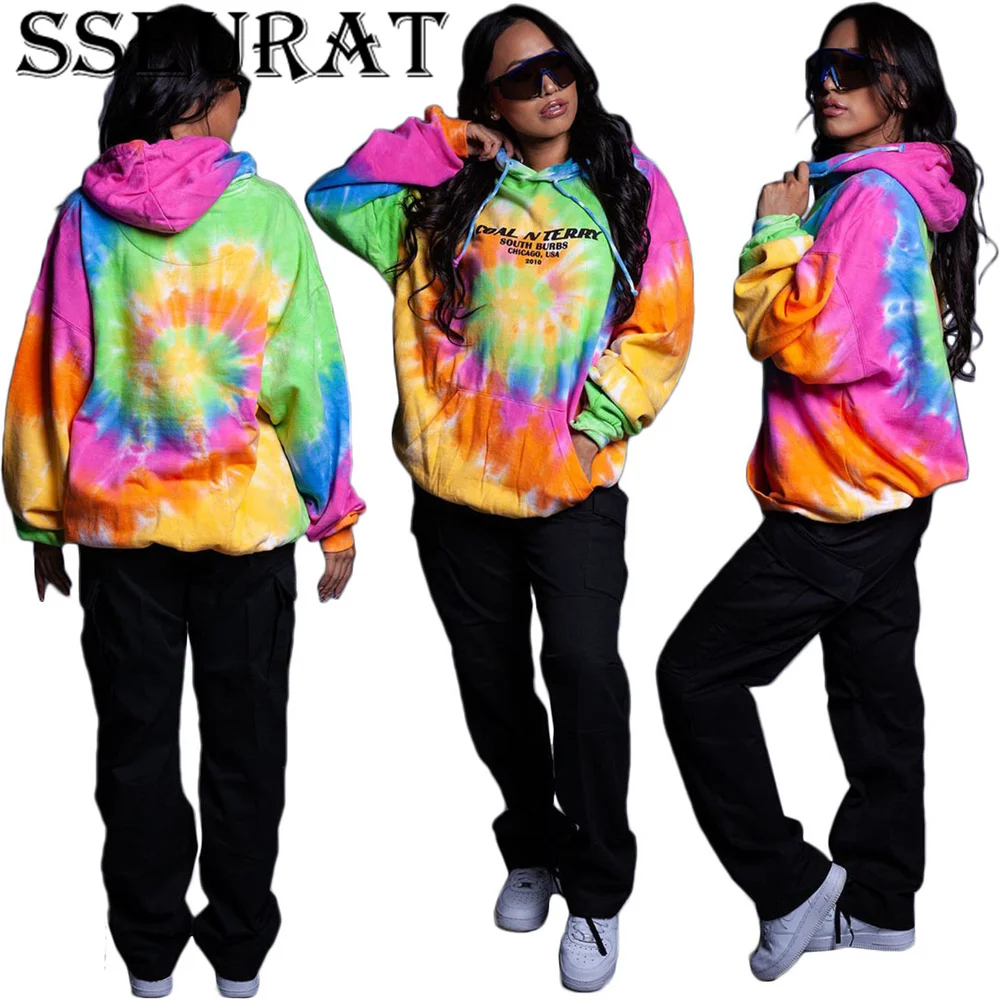 

SSEURAT Women Tie Dye Hoodie Drawstring Sweatshirt Autumn Winter Ladies Baggy Hooded Sweatshirts