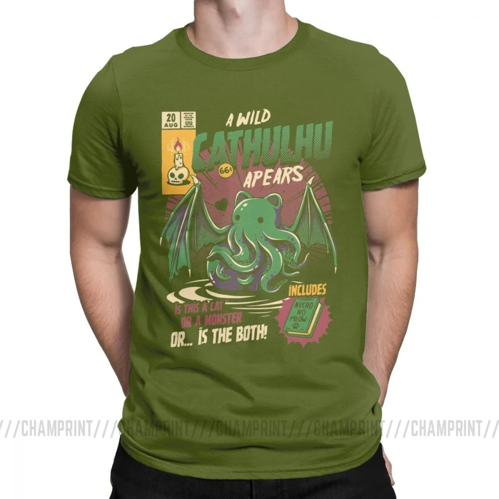 A Wild Cthulhu, футболки для мужчин, чистый хлопок, Повседневная футболка, кот, монстр, череп, Мультяшные топы, Милые Забавные футболки, Новое поступление - Цвет: Армейский зеленый