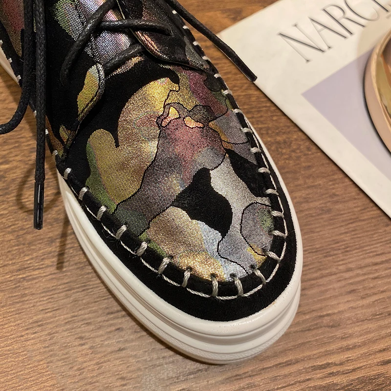 

2021 New Fashion Women Spring Flats Leather Lace Up Print Casual Shoes Thick Bottom Women Loafers Height Increase Shoes