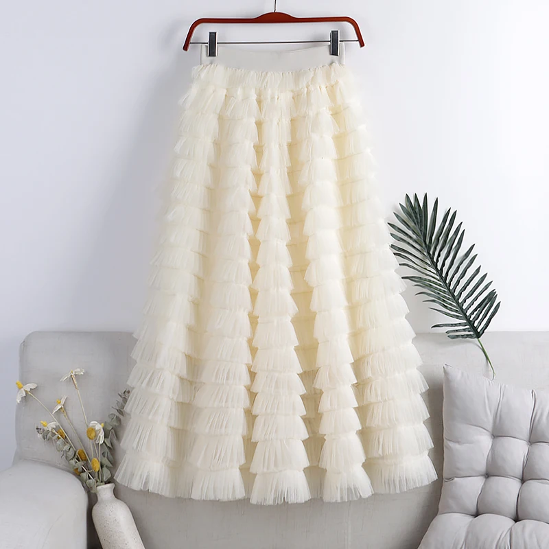 

GTGYFF Vintage Elastic High Waist Women's Skirts Midi A Line Ruffles Layers Tulle Skirt Solid Black White Beige Summer Saias