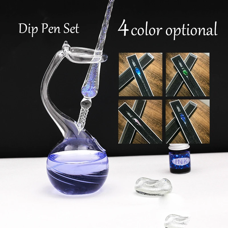 

1set Aesthete Flora Glass Pen+Handcraft All-clear Glass Inkwell Dip Pen Holder Decoration Creative Design Stationery Supply
