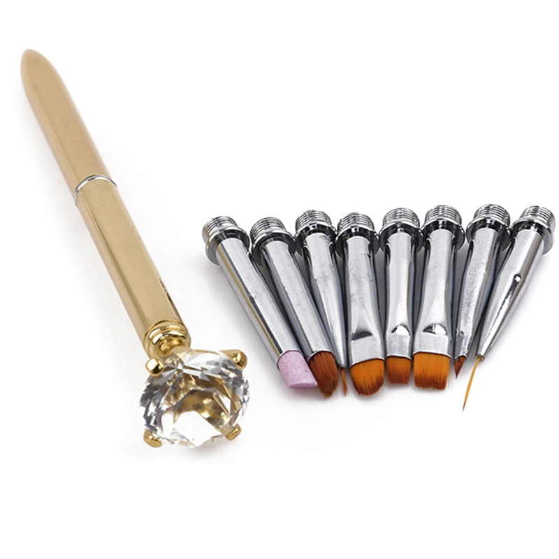 

10 шт./компл. ручка для дизайна ногтей, кисть для рисования, металлические кристаллы, сменные головки, резьба, удаление кутикулы, плоская лини...