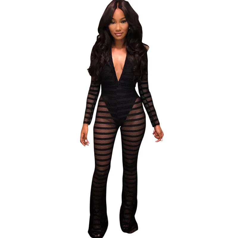 

New Sexy Striped Sheer Mesh Jumpsuit with Lining Women Long Sleeves Deep V- Neck Wide Leg Romper Clubwear Party Overalls Leotard