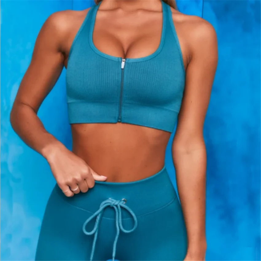

2021 Spring New Knitted Zipper Bra Shorts Yoga Suit Two-piece Sportswear Women Sexy Yoga Sportwear Set Tracksuit FitnessDS165