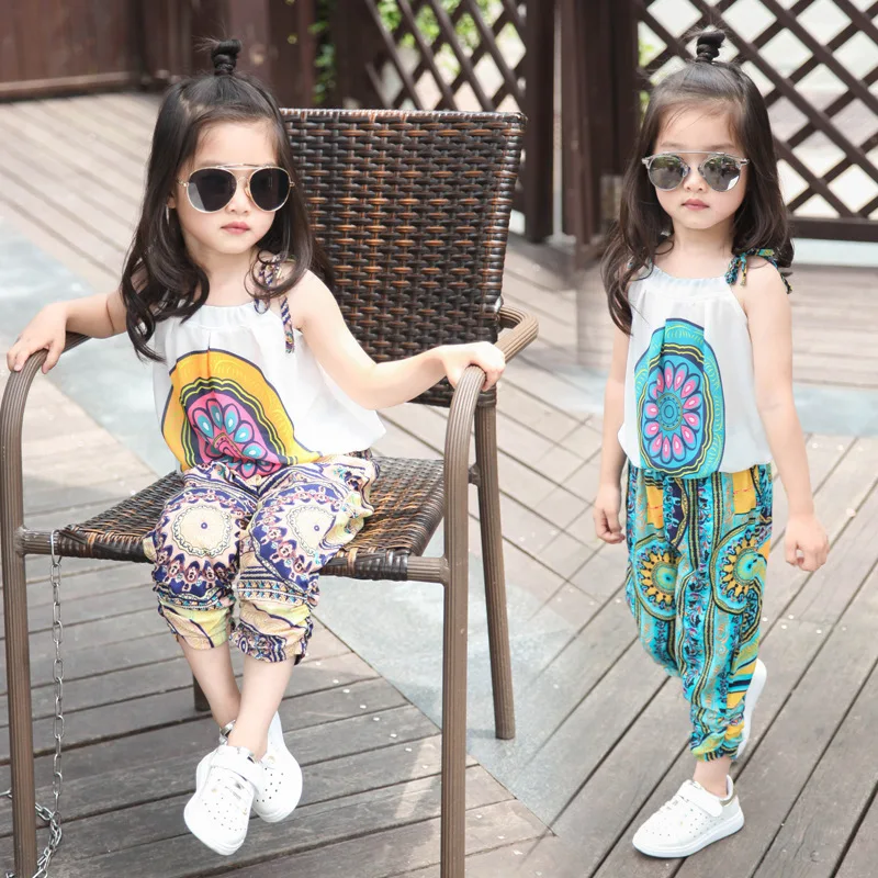 

Children's clothing 2019 new girls summer chiffon clothes sets kids flower print personality suits baby child casual sports set
