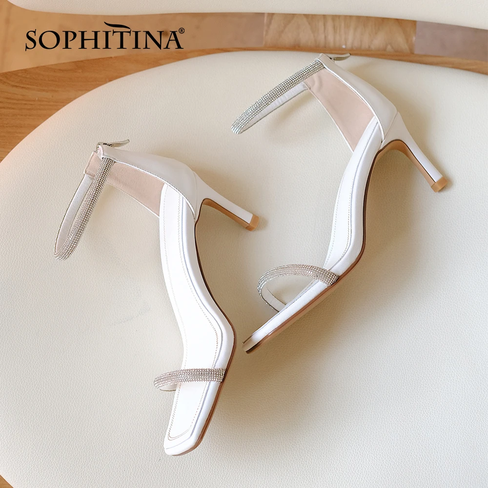 

SOPHITINA Women Sandals Casual Rhinestone All-Match Genuine Leather Sandals Square Toe Thin Heels Buckle Party Lady Shoes DO547