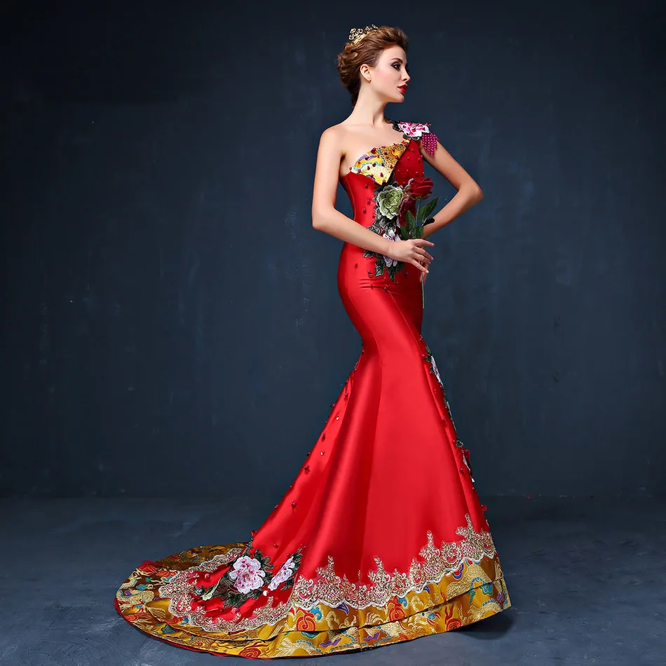 Blue Long Mermaid Evening Dress Embroidery Bride Wedding Cheongsam Chinese Party Dresses Robe Chinoise Trailing Princess | Тематическая