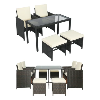 5-Piece Rattan Outdoor Patio Furniture Set  1 Tempered Glass Table and 2 High Back Chairs 2 Ottoman Stools Set Garden Wicker