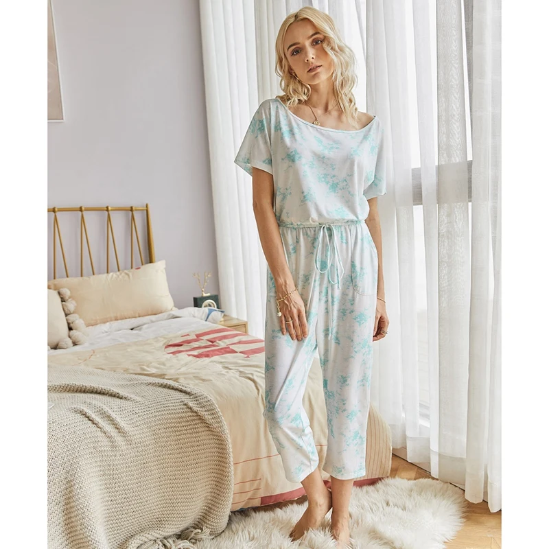 

Women Tie-Dye Jumpsuit Short Sleeve Belted Trousers Rompers Casual Home Clothing