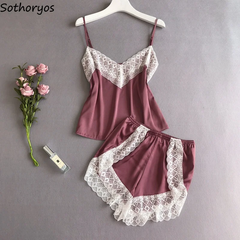 

Pajama Sets Women Chiffon Breathable Fashion Lace Sexy Female Sleep Wear Chic Summer Loose Casual Korean Style Ins Hot Sale New