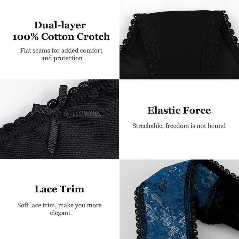 

7pcs/Pack Womens Thong Underwear Lace Trim Soft Sexy Lingerie Panties Set Assorted Different Lace Pattern & Colors