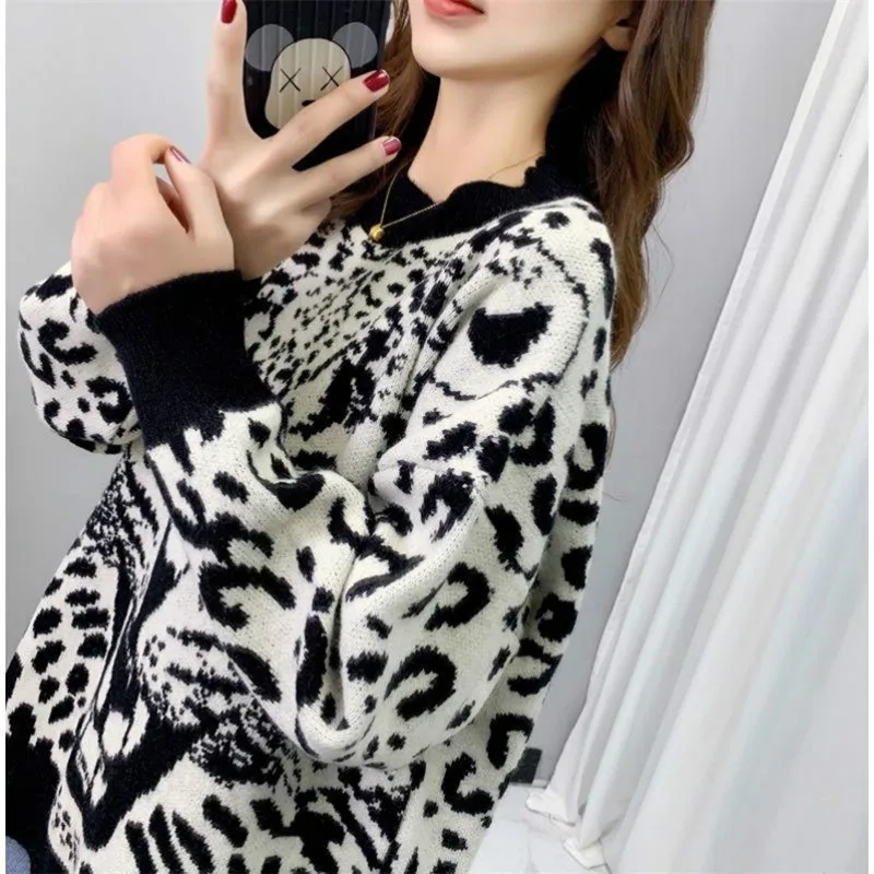 Женский трикотажный свитер YASUGUOJI повседневный с леопардовым принтом в стиле