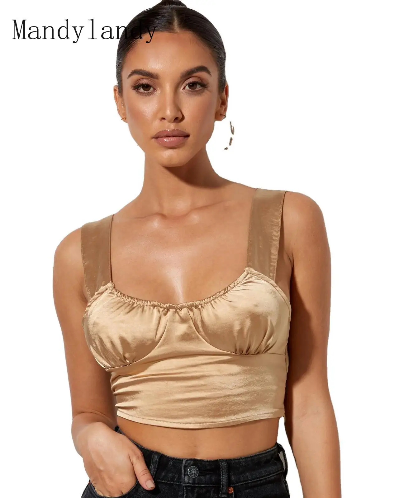 

Mandylandy Strap Type Sexy Crop Tops U-Shaped Collar Slim-Fit Tanks Tops Solid Color Vest Ladies Casual Club Wear Summer Camis