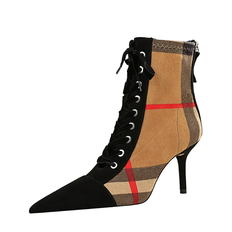 

Korean Fashion Thin Heel High Heel Pointed Check Color Matching Suede Lace Up Trend Cross Strapping Boots