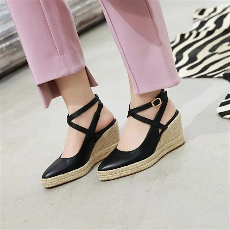 

Sexy Pointed Toe Gladiator Platform High Heels Sandals For Women Summer Casual Buckle Stap White Wedge Espadrilles Women Sandals