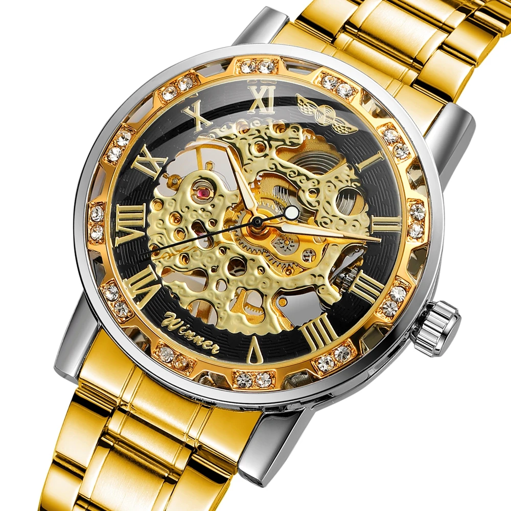 

T-Winner Classic Wristwatches Men's Roman Caring Skeleton Hand-wind Mechanical Watches Gold Gift Box Free Ship