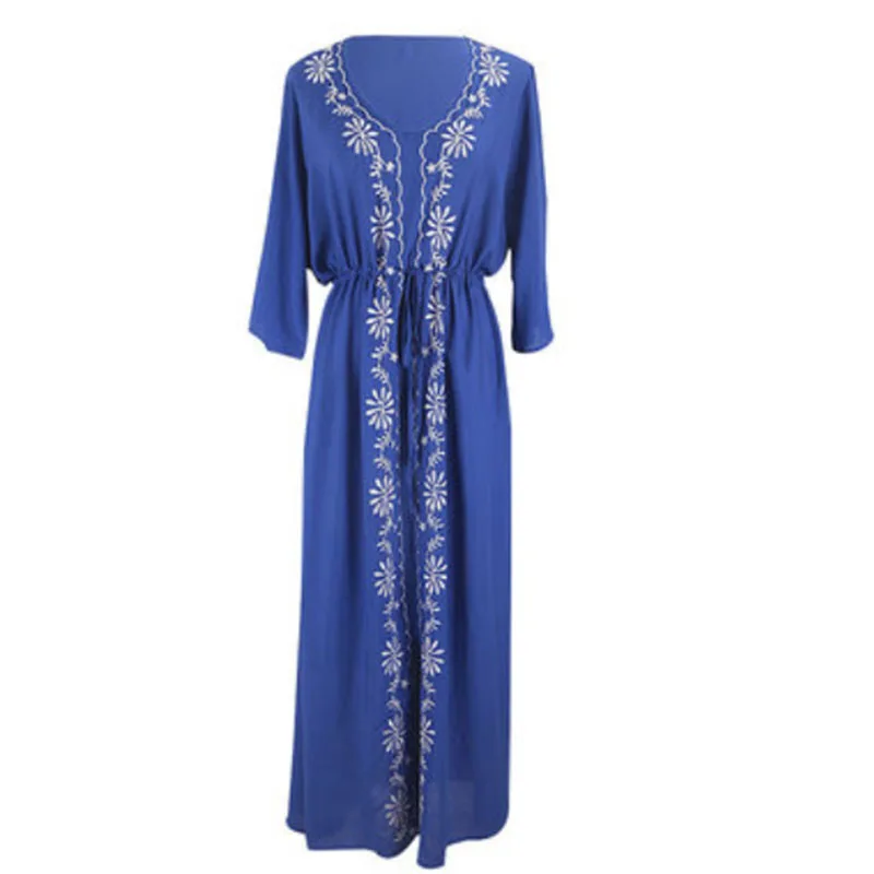 

2021 Swimwear Sexy Polyester Blue Printing Swimsuit Cover-ups Plus Size Beach Wear Dress for Women Summer V-neck Swimsuit Cover